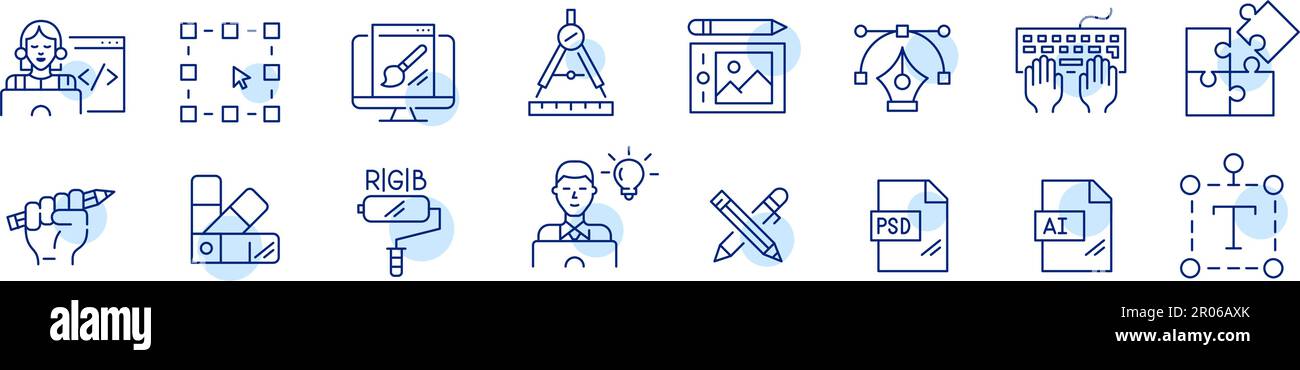 Travaux de concepteur graphique et de constructeur de site Web. Codage, dessin, sélection de couleurs. Ensemble d'icônes de contour pixel Perfect et modifiables Illustration de Vecteur