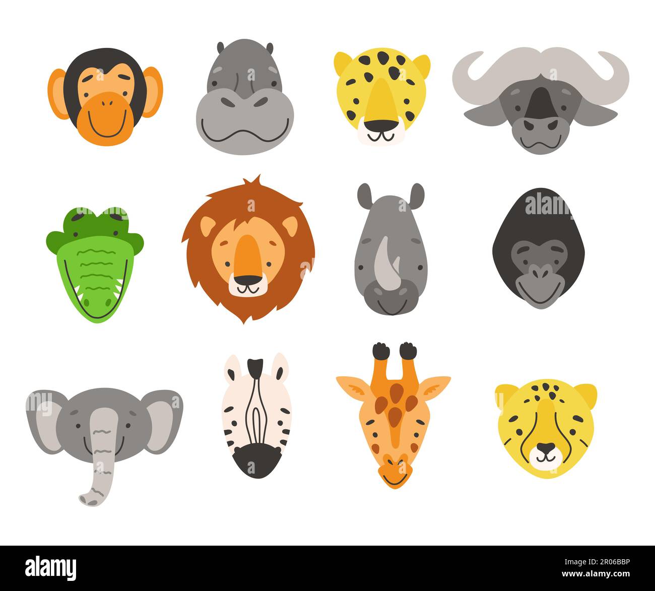 Têtes d'animaux africains. Ensemble de dessins animés vectoriels. Clip art Safari animaux Illustration de Vecteur
