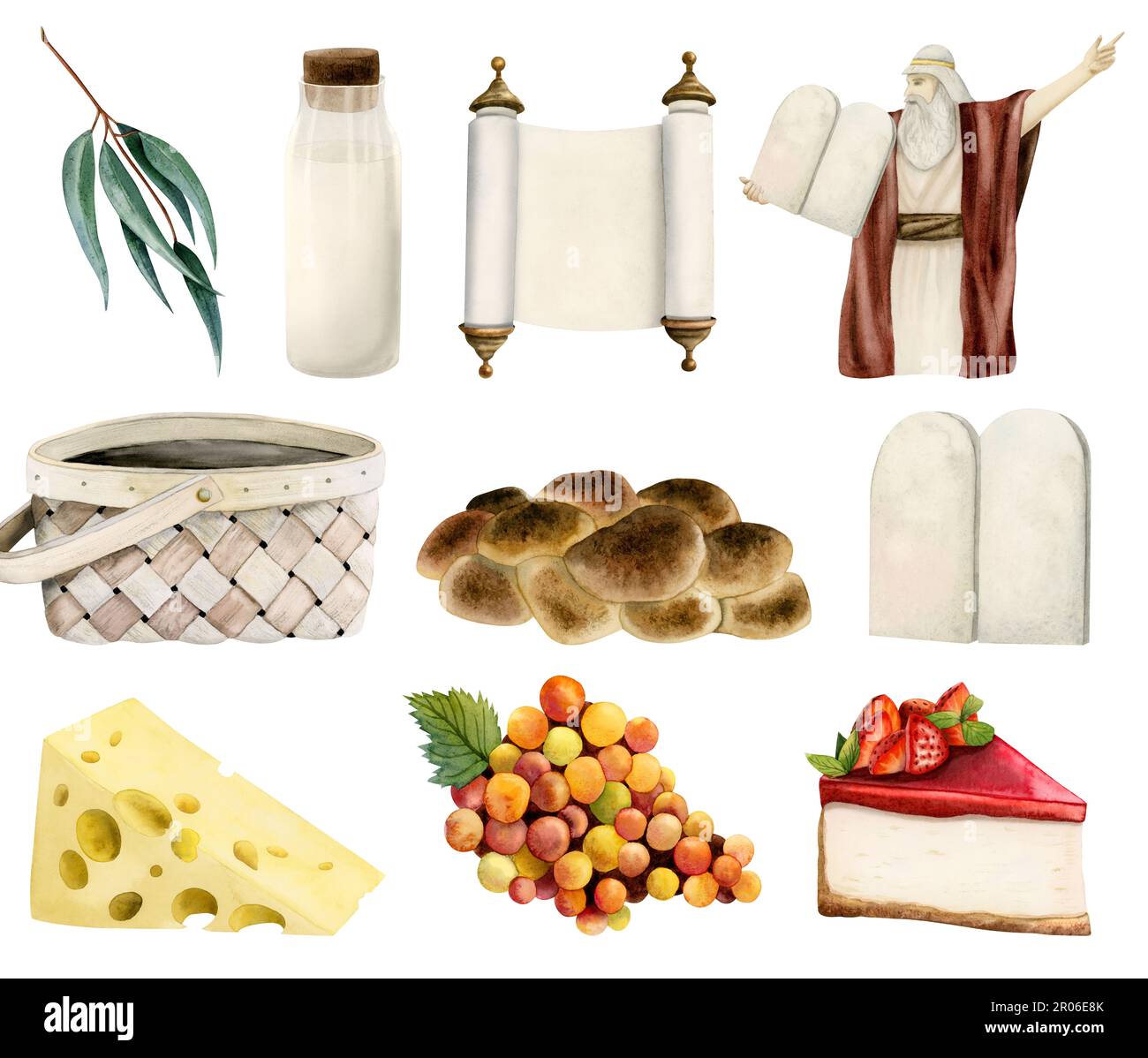 Jeu d'illustrations de symboles Shavuot aquarelle avec nourriture traditionnelle et boisson isolée sur blanc. Pain de challah, lait, fromage, raisins, gâteau. Moïse avec T Banque D'Images
