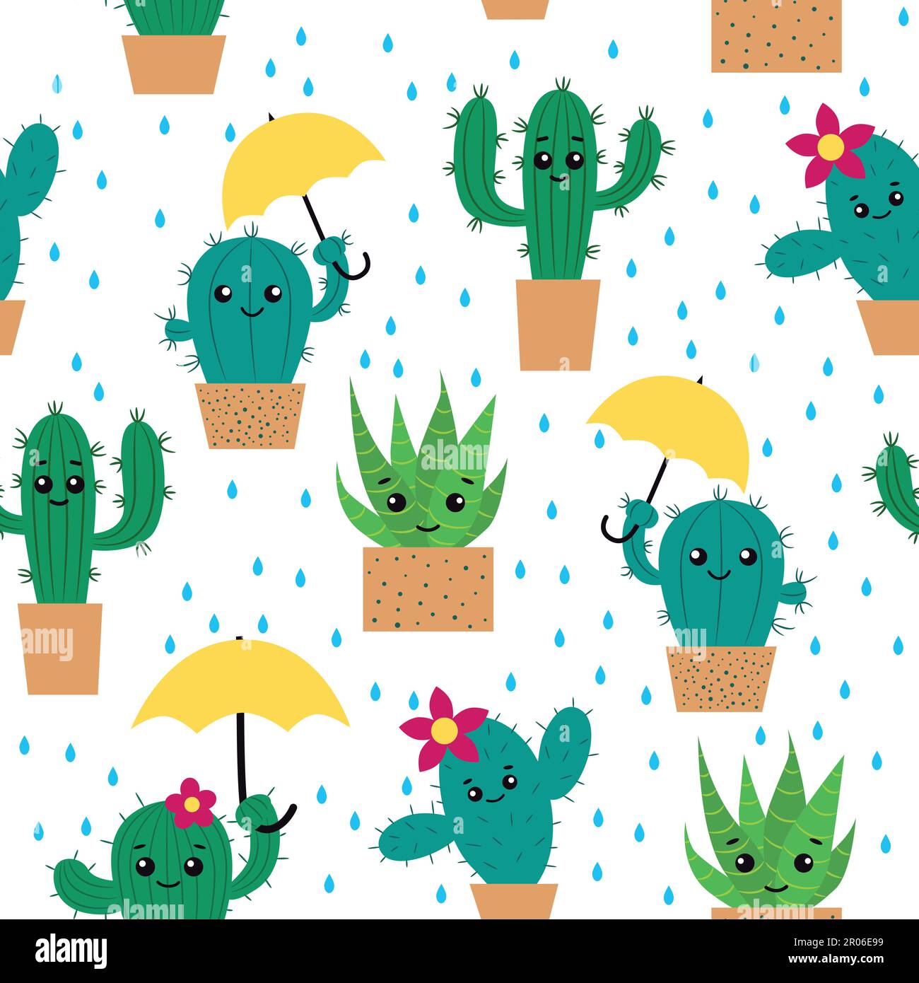 Cactus de dessins animés dans des pots avec parasols. Illustration de Vecteur