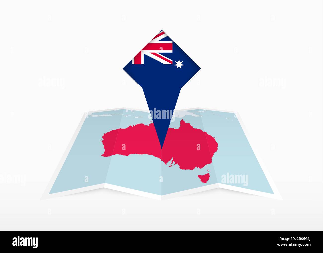 L'Australie est représentée sur une carte papier pliée et un marqueur de position épinglé avec drapeau de l'Australie. Carte vectorielle pliée. Illustration de Vecteur