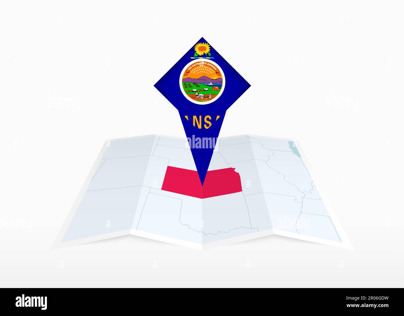 Le Kansas est représenté sur une carte papier pliée et un marqueur de position épinglé avec drapeau du Kansas. Carte vectorielle pliée. Illustration de Vecteur