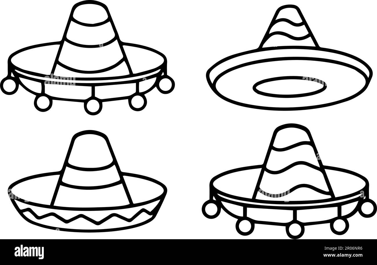 Sombrero mexicain avec décoration sur le dessus. Icône vectorielle du chapeau mexicain traditionnel en noir et blanc Illustration de Vecteur