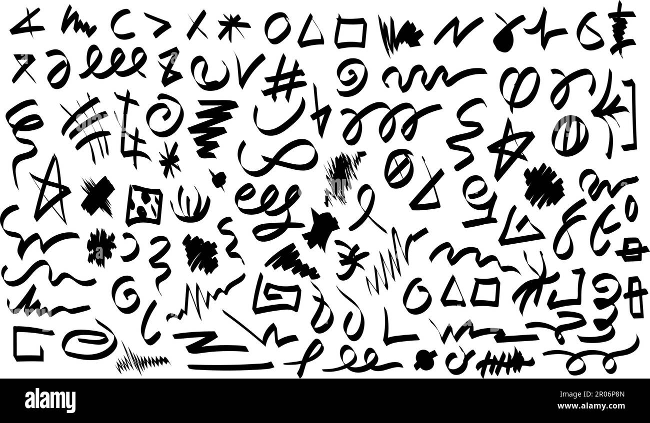 Jeu de tirets noirs, lignes, symboles emblématiques dessinés à la main avec pointe en feutre multicolore, stylos, marqueurs. Trait de soulignement, hachurage, cercle, carré, triangle. B Illustration de Vecteur