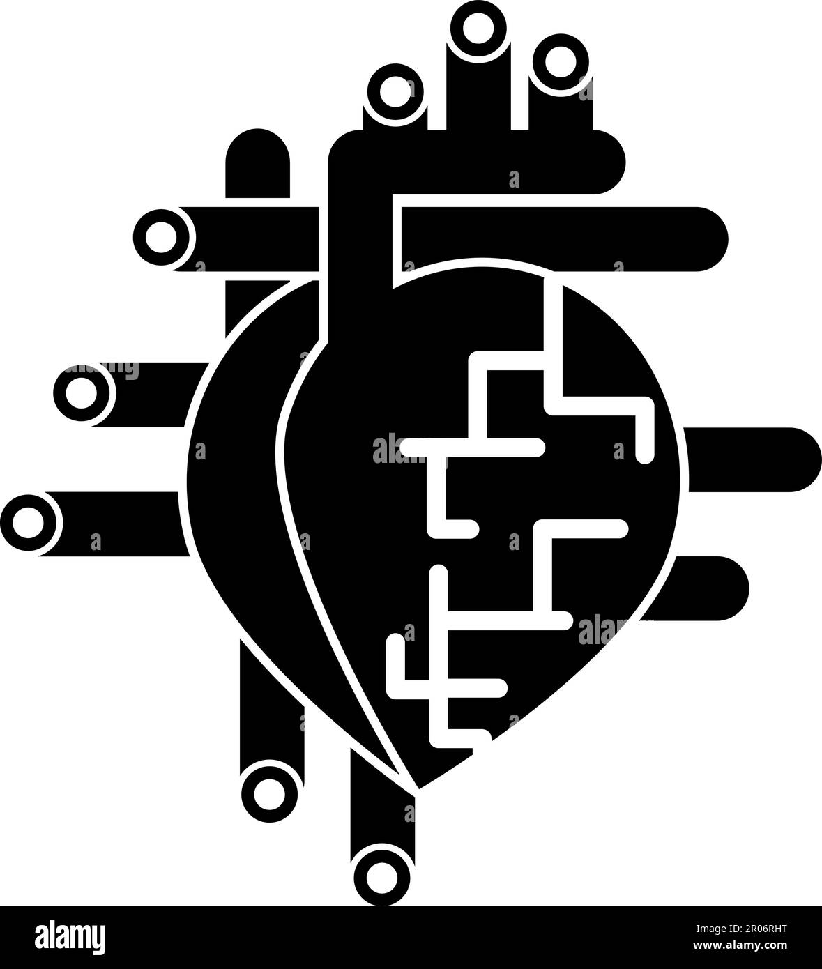 Cœur humain avec artères et vaisseaux. Dispositif linéaire d'icône d'organe humain pompant du sang dans un corps sain. Silhouette simple en noir et blanc Illustration de Vecteur