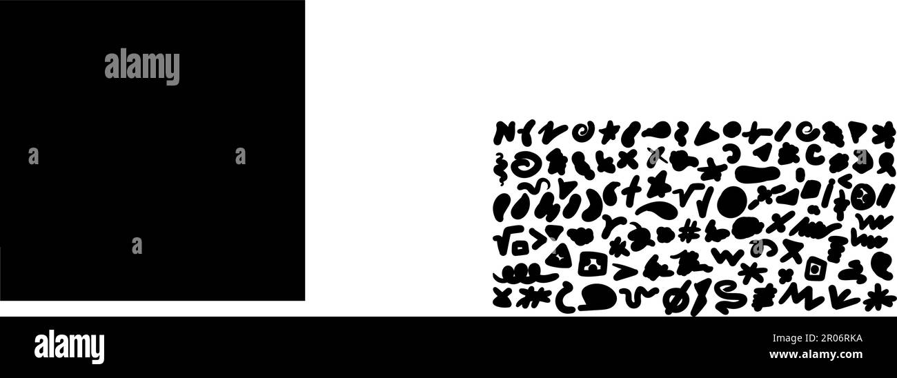 Jeu de tirets noirs, lignes, symboles emblématiques dessinés à la main avec pointe en feutre multicolore, stylos, marqueurs. Trait de soulignement, hachurage, cercle, carré, triangle. B Illustration de Vecteur