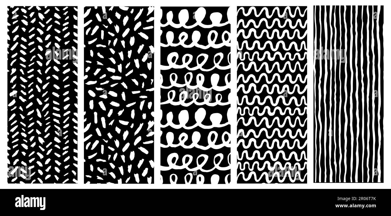 Textures abstraites dessinées à la main faites avec de la gouache. Isolé sur fond blanc. Des éléments de grunge noirs tels que des points, des lignes, des vagues, des traits, des taches. Illustration de Vecteur