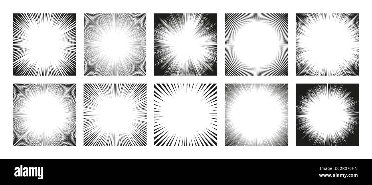 Arrière-plan de lignes radiales. Cadres de bande dessinée et arrière-plan de page manga avec effet de flou de mouvement d'explosion de perspective. Texture vectorielle. Bandes noires pour le magazine sur le jeu de dessins animés du super-héros Illustration de Vecteur