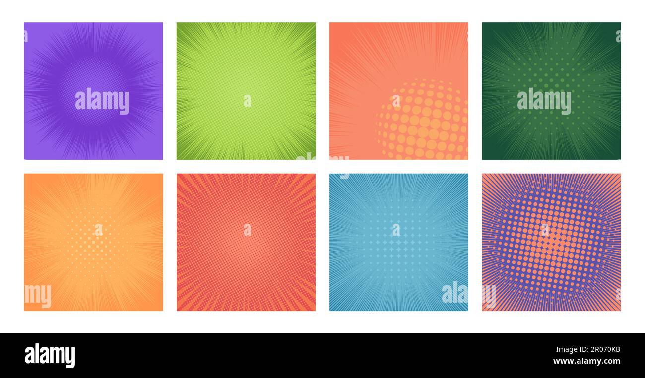 Collection d'arrière-plan à points de bande dessinée. Ligne horizontale colorée et bande radiale avec effet comique amusant et motif décoratif. Ensemble vectoriel isolé. Pop art backdrops pour les magazines sur le super-héros Illustration de Vecteur