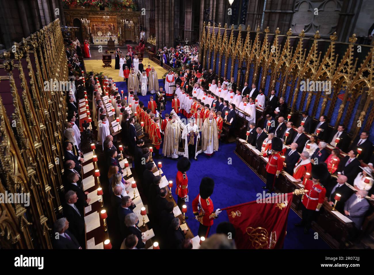 Le roi Charles III lors de son couronnement à l'abbaye de Westminster, Londres. Date de la photo: Samedi 6 mai 2023. Banque D'Images