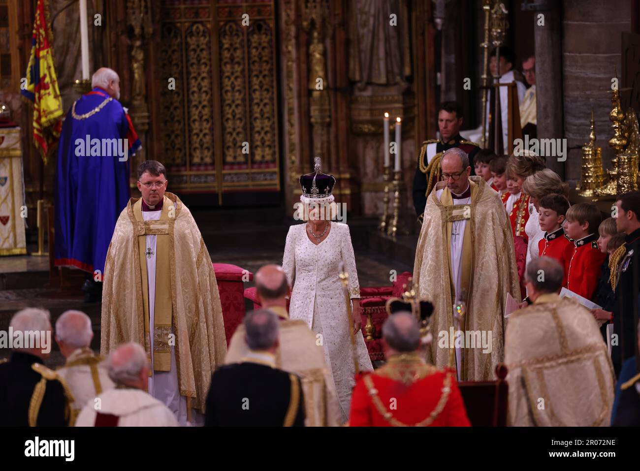 La reine Camilla pendant son couronnement à l'abbaye de Westminster, Londres. Date de la photo: Samedi 6 mai 2023. Banque D'Images