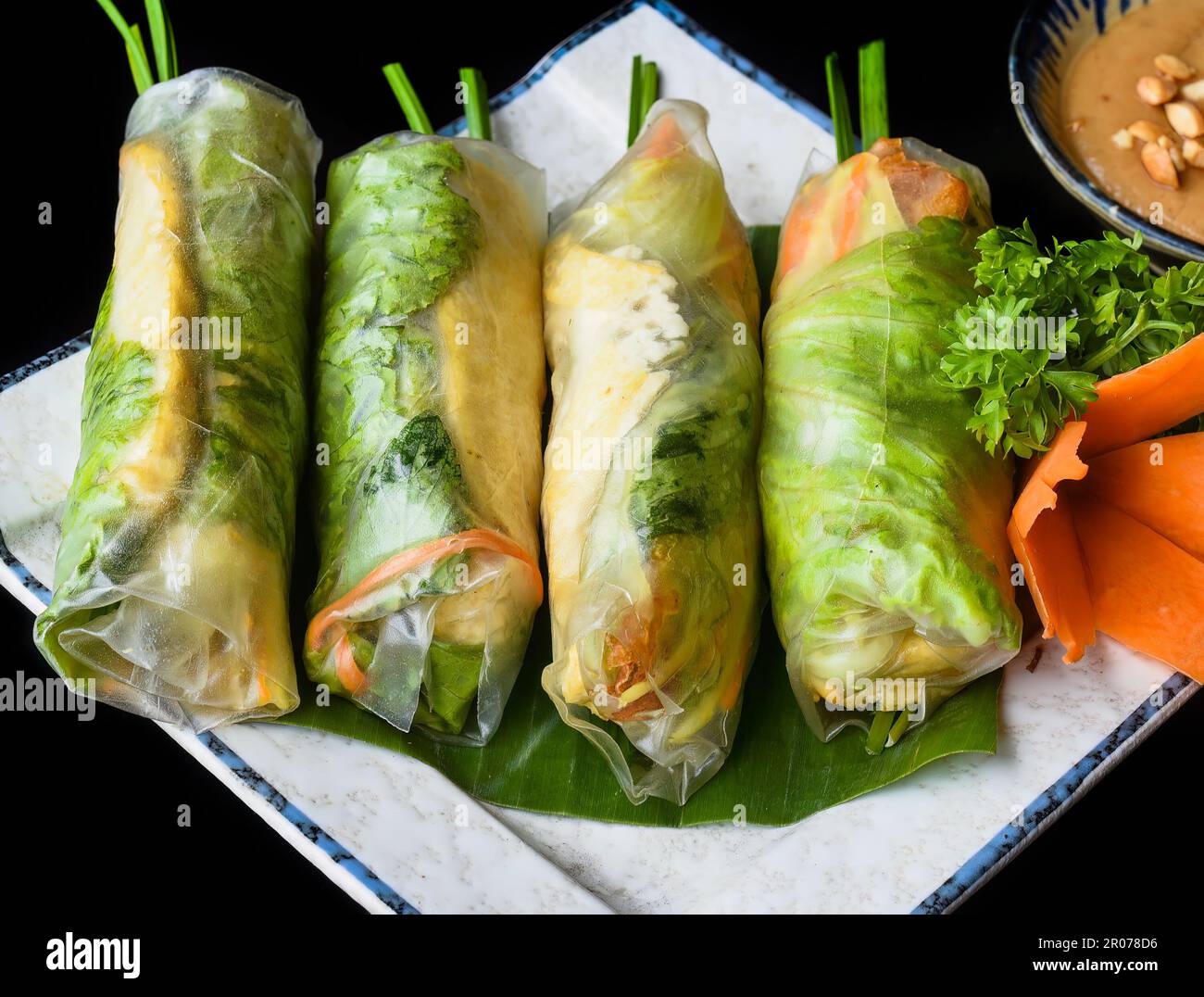 Rouleaux de printemps nem vietnamiens en feuilles avec sauce Banque D'Images