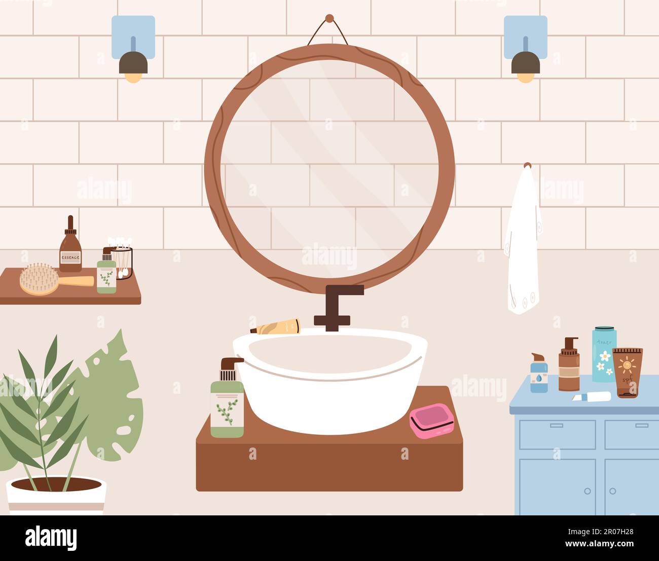 Intérieur de la salle de bains avec dessin animé Lavabo et miroir, bouteilles de cosmétiques. Nettoyage le matin ou le soir, lavage du visage et du corps, décor intérieur vectoriel Illustration de Vecteur