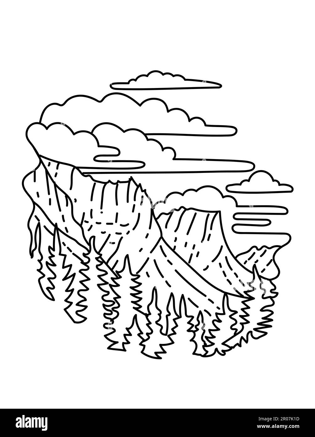 Illustration monoligne du parc national Glacier dans les montagnes Rocheuses, Montana, États-Unis fait en ligne monoline dessin style art. Banque D'Images