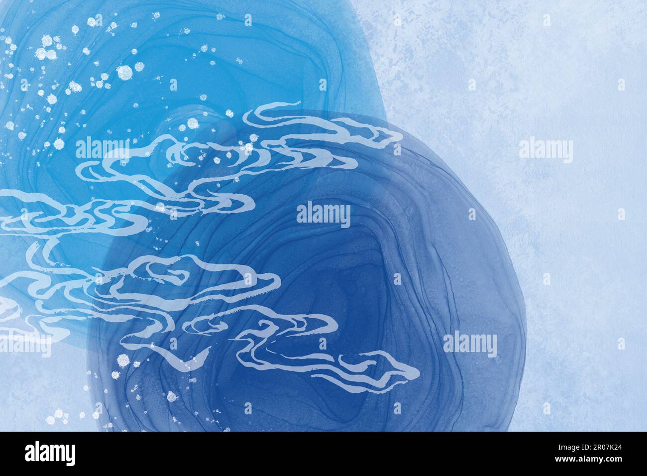 Modèle d'illustration de style japonais moderne. Motif d'onde traditionnel blanc avec cercles à l'encre d'alcool sur fond bleu clair et papier s japonais Banque D'Images