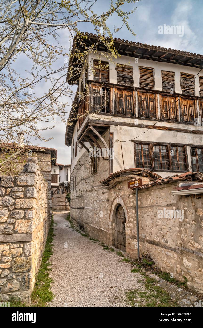 Maison Natzis, 18th siècle, murs en saillie soutenus par des corbels, district de Doultso (Doltso), Kastoria, Macédoine occidentale, Grèce Banque D'Images