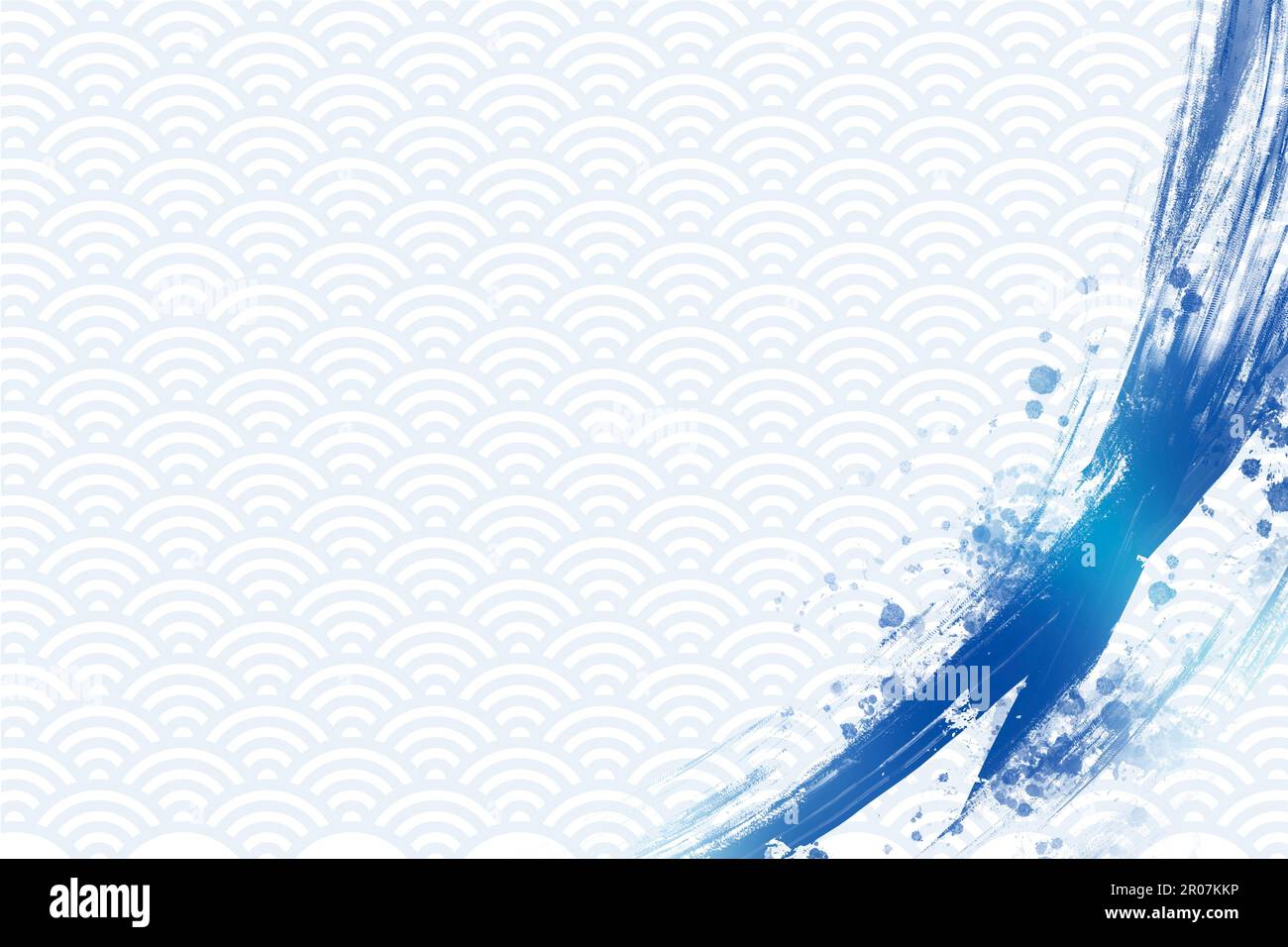 Illustration d'arrière-plan de style japonais bleu clair. Coups de pinceau bleus et éclaboussures. Modèle traditionnel (Seigaiha). Concept mer et été. Actualisation Banque D'Images