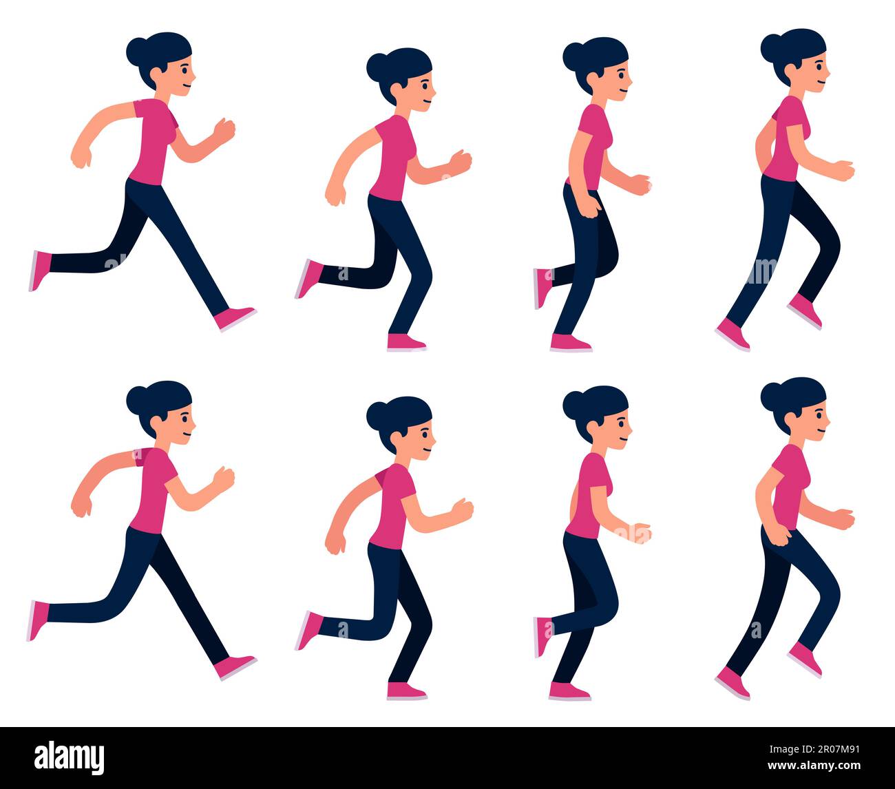Jeu de sprite d'animation pour femme de course à pied, boucle de 8 images. Illustration vectorielle simple de style dessin animé. Illustration de Vecteur