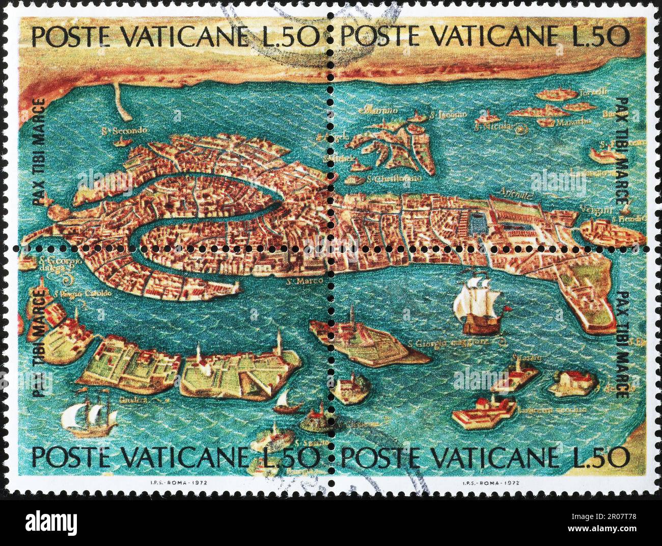 Ancienne carte de Venise sur timbres-poste Banque D'Images