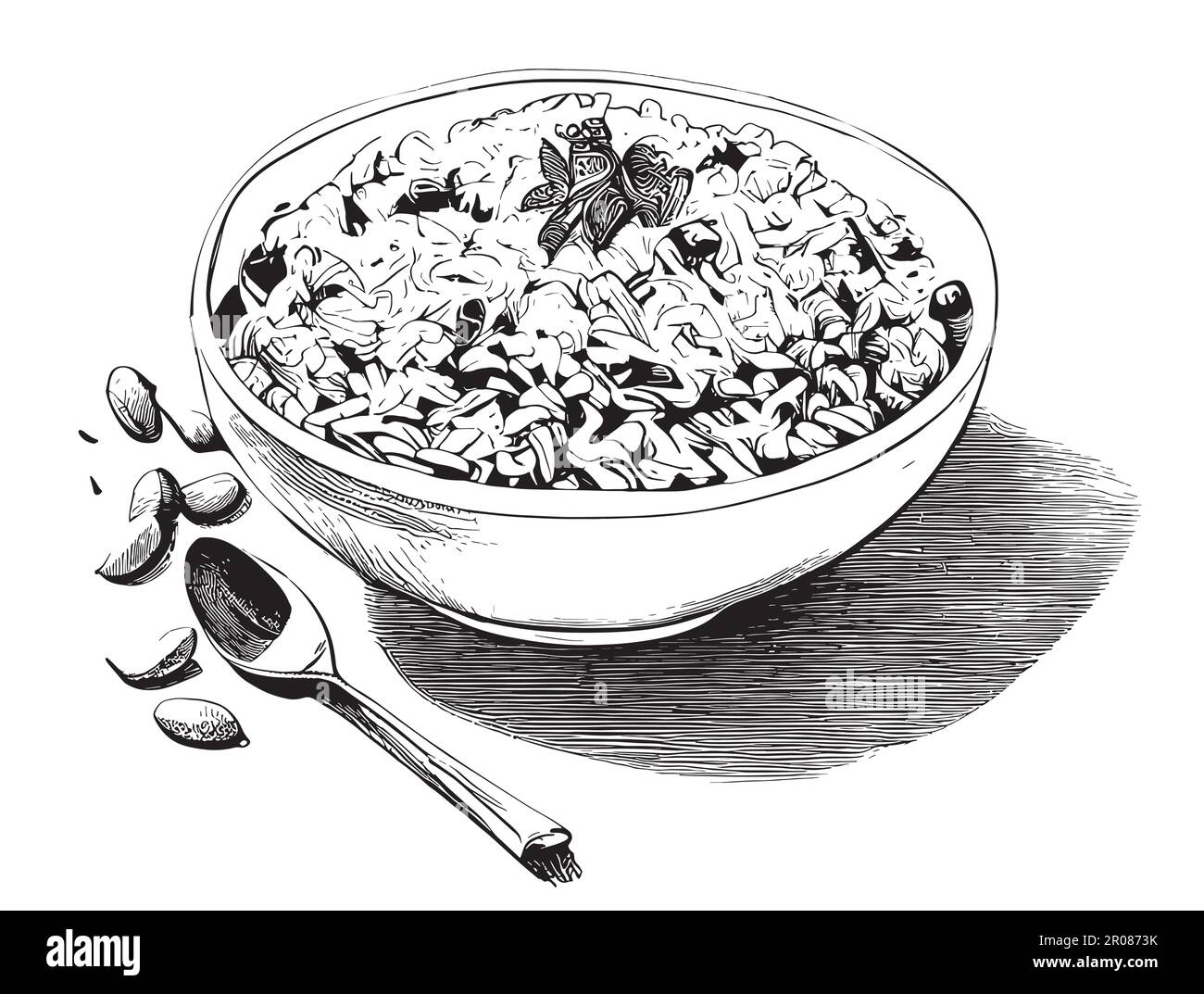 Riz pilaf avec dessin de viande dessiné à la main dans l'illustration de style Doodle Illustration de Vecteur