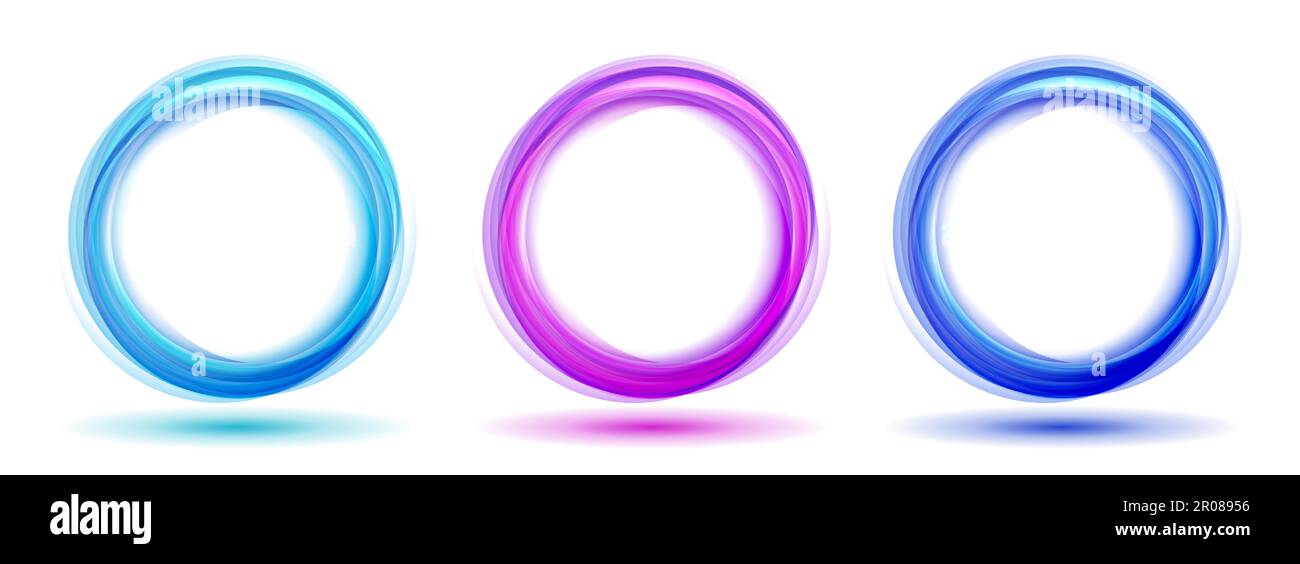 Arrière-plan vectoriel abstrait ensemble de cercles bleus ondulés. Lignes circulaires courbes abstraites. Cercles bleus tranparents isolés sur fond blanc avec vide Illustration de Vecteur