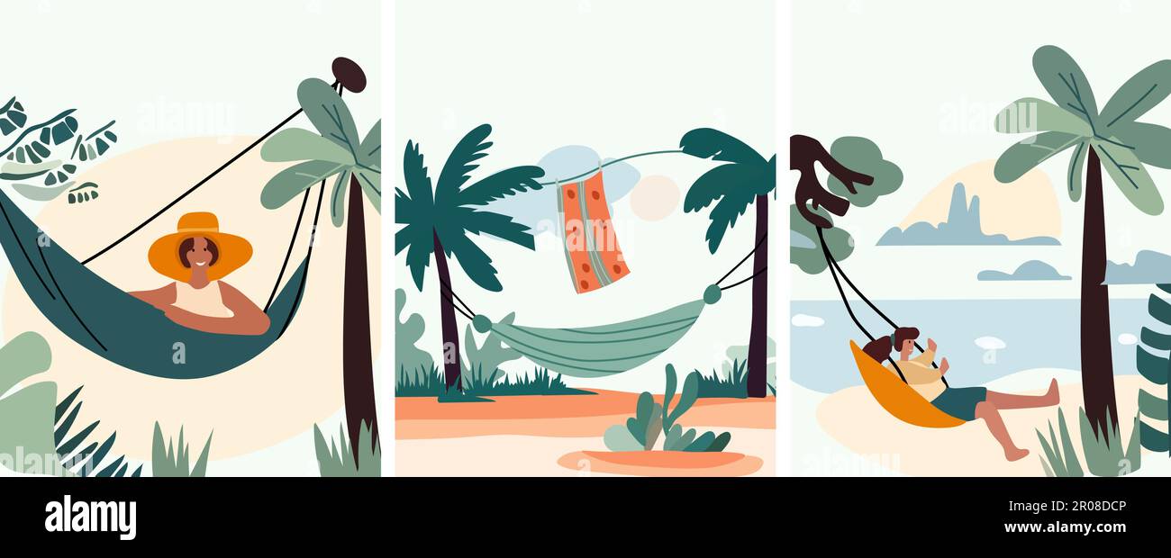Les personnes se prélassant dans les hamacs de la plage, en appréciant les retraites d'été et les réunions en plein air.Reling des moments de loisirs ou rester productif dans des balançoires confortables, embrassé par la nature pittoresque. Illustration de Vecteur