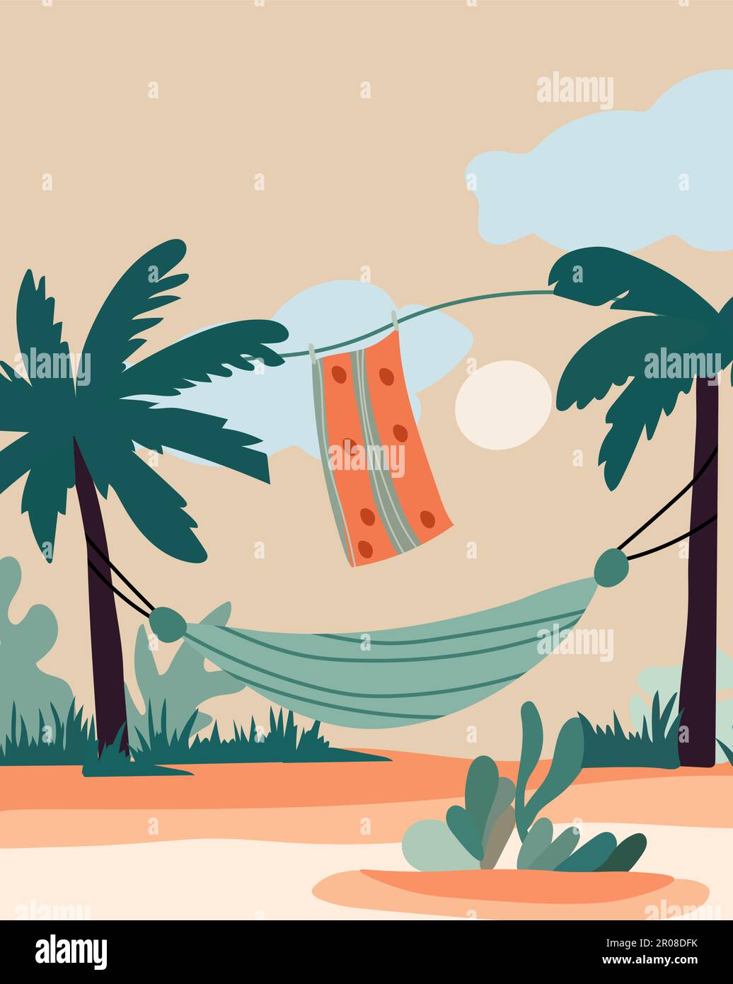 Un hamac et une serviette suspendus au milieu de deux palmiers. Concept vacances et bonheur. Revivez vos moments de loisirs ou restez productif. Vecteur. Illustration de Vecteur