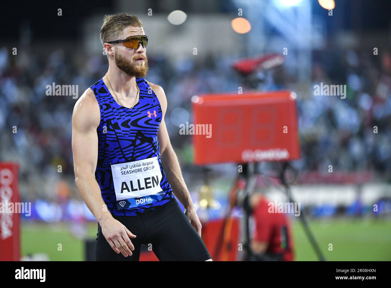 Doha, Qatar, 5 mai 2023. Allen des Etats-Unis réagit en 400m haies hommes course pendant la Diamond League 2023 au stade international de Khalifa à Doha, Qatar. 5 mai 2023. Crédit : Nikola Krstic/Alay Banque D'Images