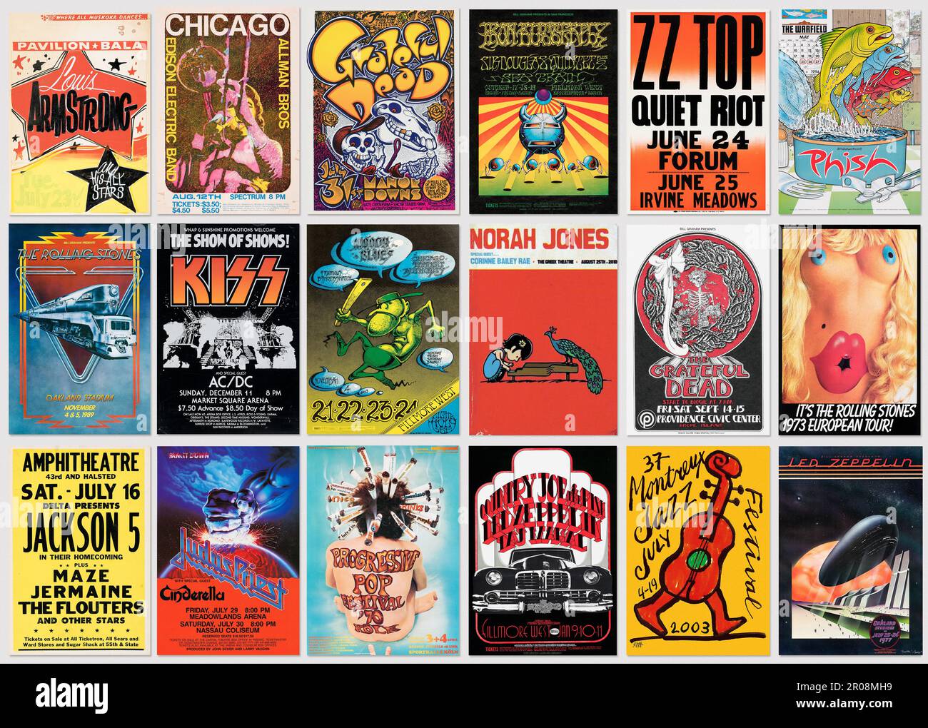 Collection d'anciennes affiches de concerts de musique rock, pop et jazz, collection de créations musicales vintage authentiques Banque D'Images