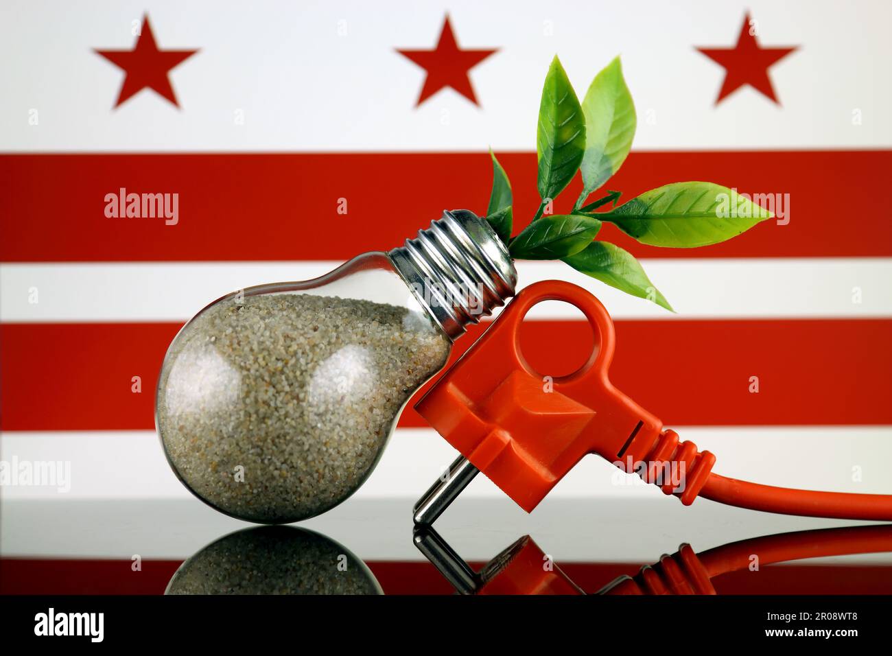Bouchon, plante poussant à l'intérieur de l'ampoule et Washington DC Flag. Concept d'énergie renouvelable écologique. Banque D'Images