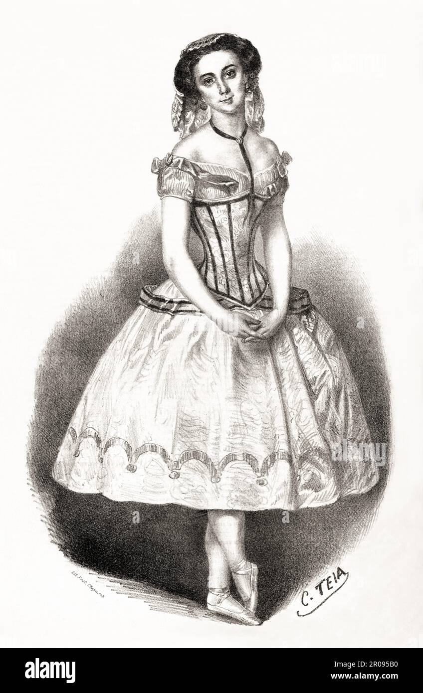 1855 , novembre , ITALIE : la célèbre ballerine italienne AMALIA FERRARIS ( 1828 - 1904 ), au moment de ses représentations à Rome . Portrait gravé par C. TEIA , litéré par Fratelli Chapusot , pubbled in the illustrez magazine il TROVATORE , imprimé à Turin . - HISTOIRE - FOTO STORICHE - BALLERINA - Ballet classique - BALLETTO CLASSICO - THÉÂTRE - TEATRO - DANSE - DANSE - DANSE - CLASSIQUE - danseuse - OTTOCENTO - '800 - 800 - PORTRAIT - RITRATTO - voile - velo - veletta - dentelle - MODA FEMMINILE - MODE - incisione - Gravure - illustrazione - illustration --- Archivio GBB Banque D'Images