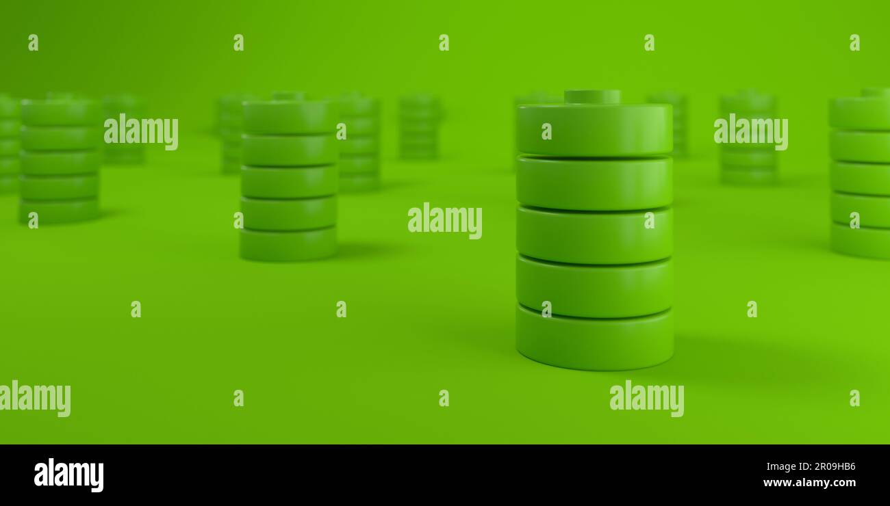 Grille de piles sur fond vert. Concept de durabilité. 3D rendu. Banque D'Images