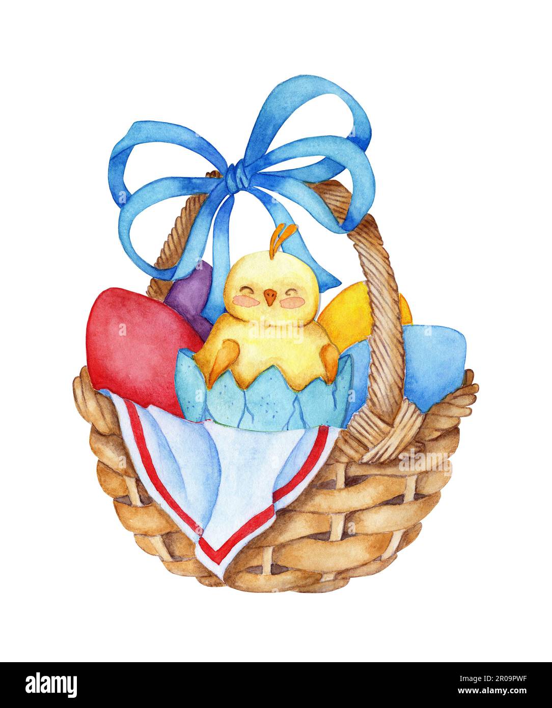 Illustration aquarelle d'un panier en osier avec un arc bleu et des œufs peints en lui et un poulet. Panier des fêtes de Pâques.Design pour carte, bannière, circulaire, Banque D'Images