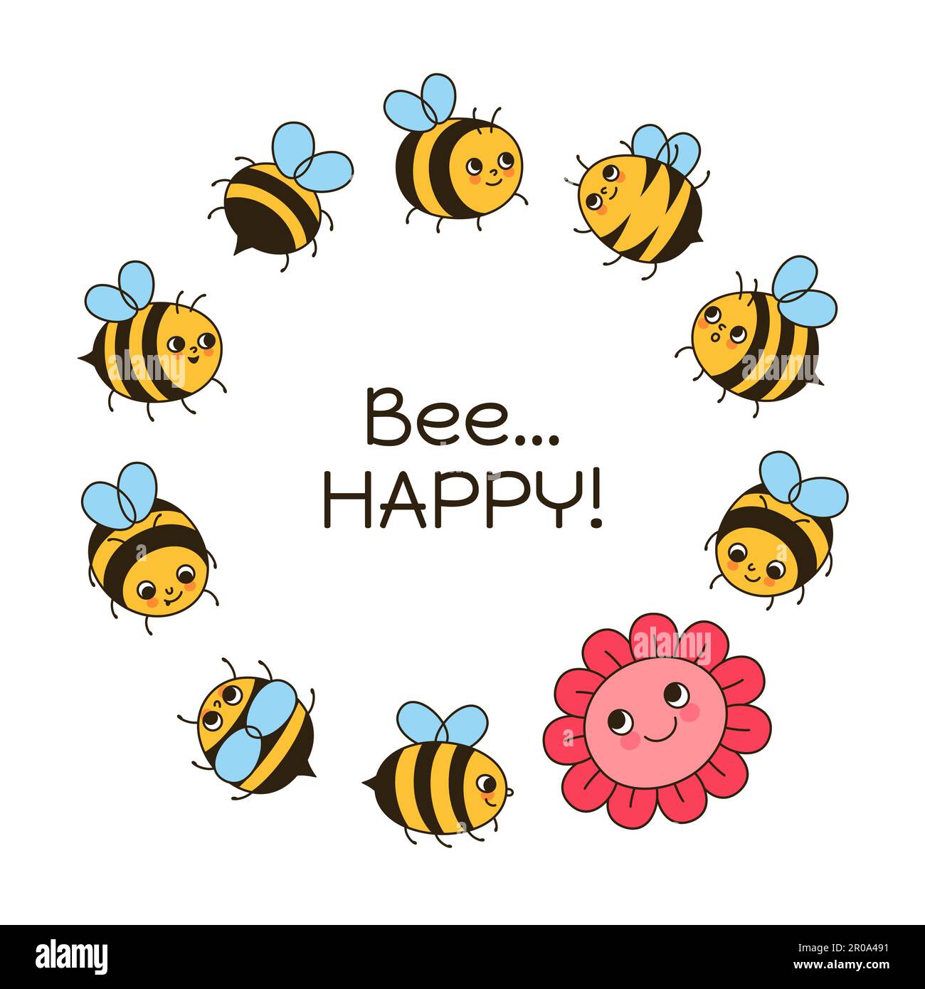 Illustrations de personnages de miel d'abeille et de dessins animés rétro de fleur. Bandes dessinées enfants des insectes d'abeilles avec drôle de visage d'art. Mignon enfant dessiné à la main été comic smiley rayures abeilles Doodle carte vectorielle Illustration de Vecteur