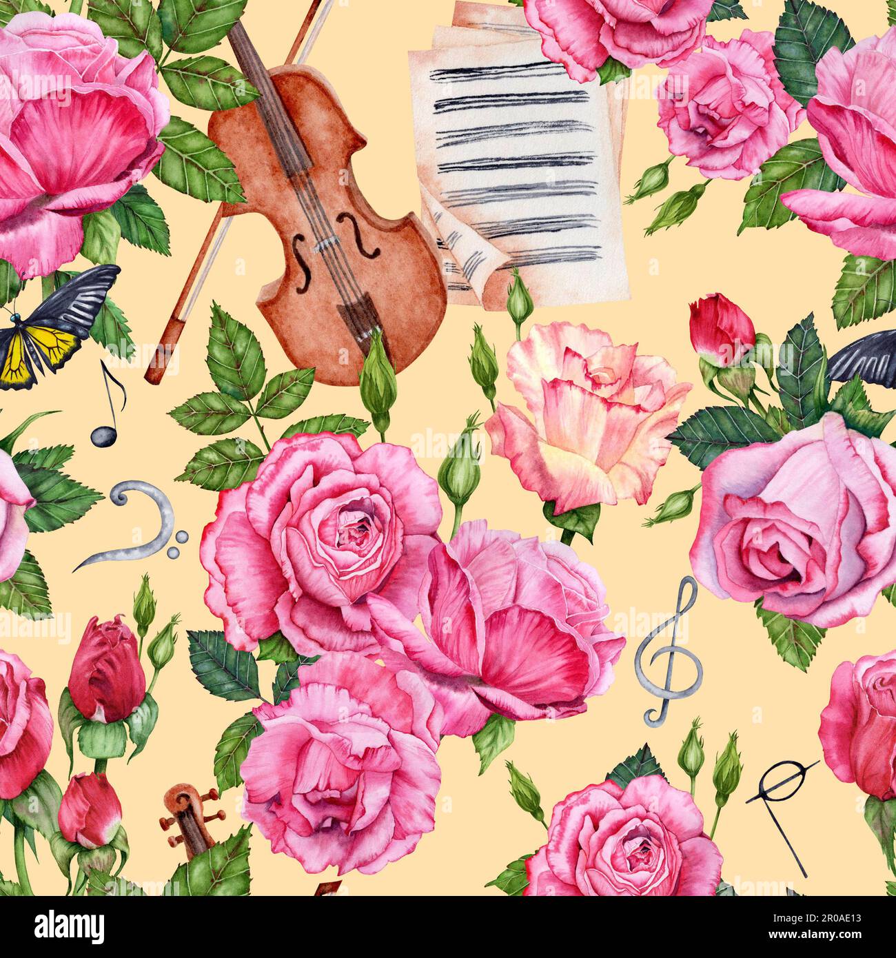 Motif sans couture avec roses aquarelles, violons et notes de musique sur fond jaune pastel Banque D'Images