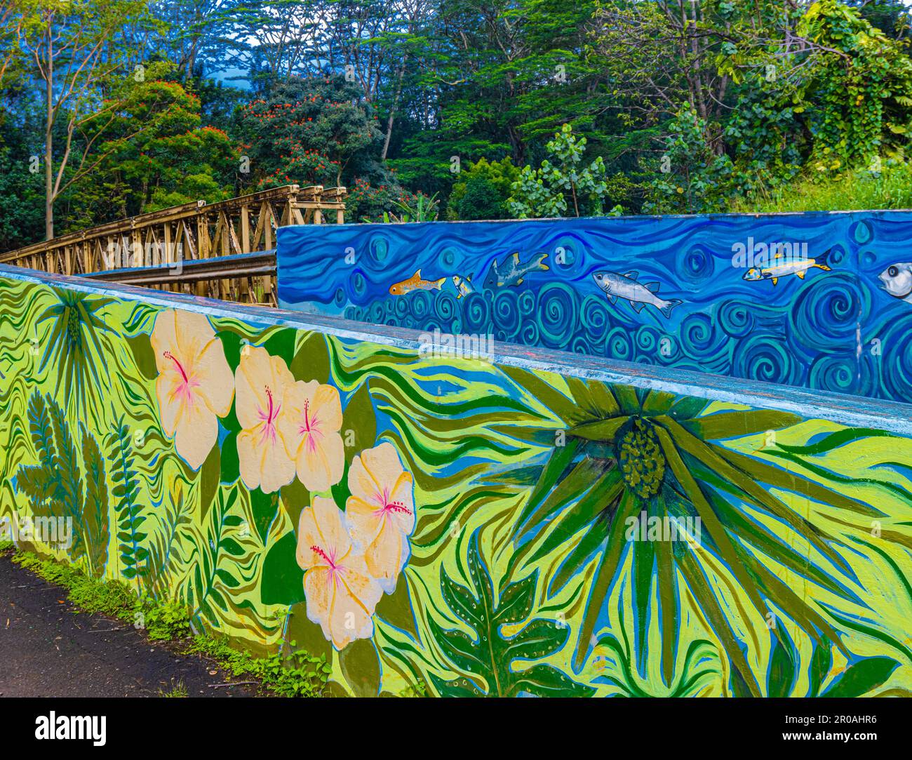 Pont peint au-dessus du ruisseau Keahua à l'arboretum Keahua, Kauai, Hawaii, États-Unis Banque D'Images