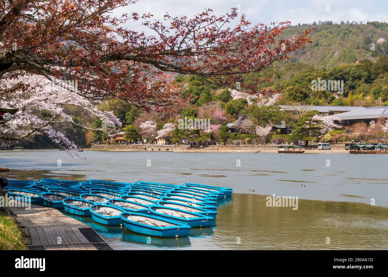 Bateaux sur la rivière Katsura dans le magnifique parc de Kameyama à Arashiyama, Kyoto, Japon Banque D'Images
