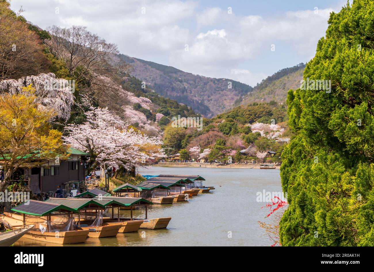 Bateaux sur la rivière Katsura dans le magnifique parc de Kameyama à Arashiyama, Kyoto, Japon Banque D'Images