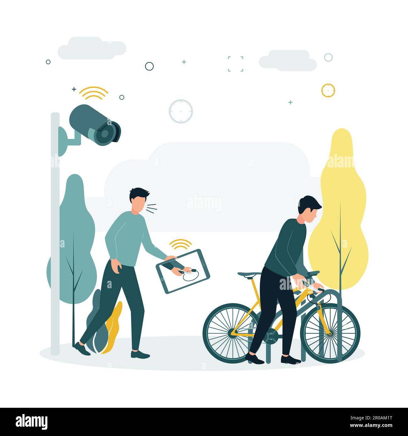 CCTV. Illustration vectorielle un homme vole une bicyclette, une caméra de surveillance la transporte et transfère des données à une personne sur une tablette qui la voit et tente du faire Illustration de Vecteur