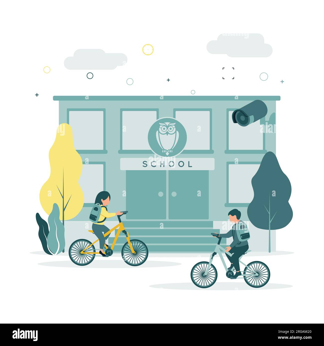 CCTV. Illustration vectorielle caméra CCTV photographie une cour d'école dans laquelle les enfants font du vélo, près d'une école, des arbres, des buissons, des nuages Illustration de Vecteur