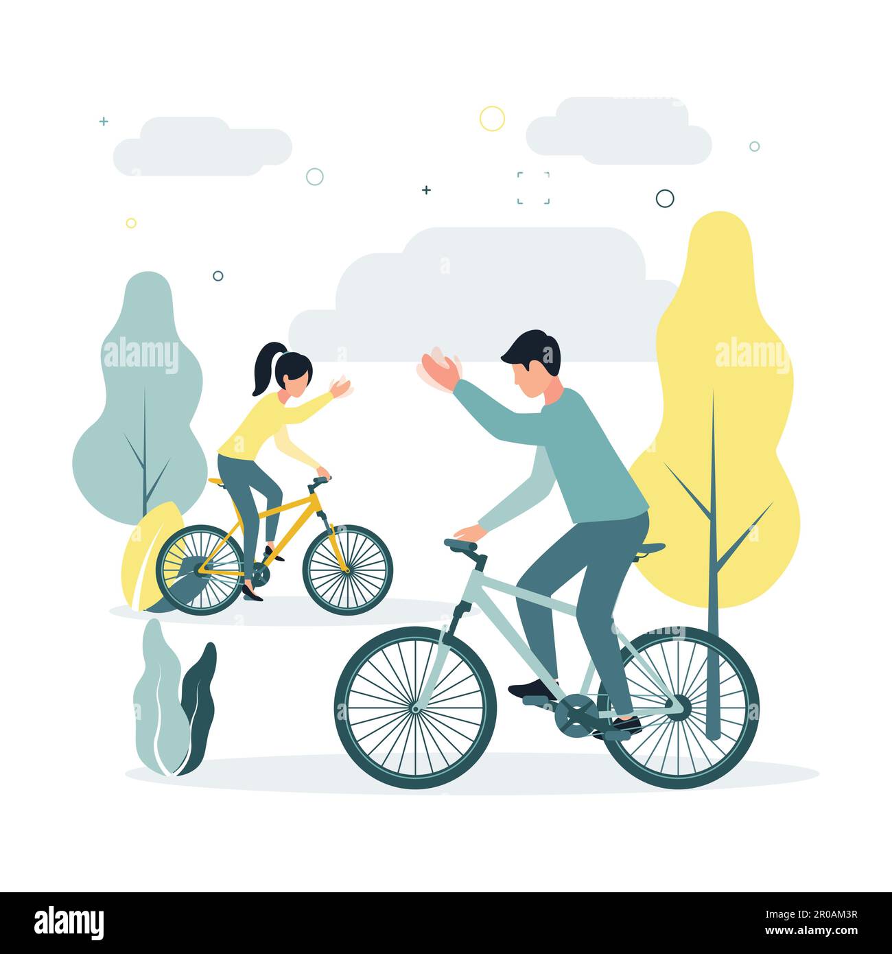 Illustration vectorielle une femme et un homme font des vélos, brandir les mains l'un vers l'autre, sur un fond d'arbres, de plantes, de nuages. Les gens font du vélo Illustration de Vecteur