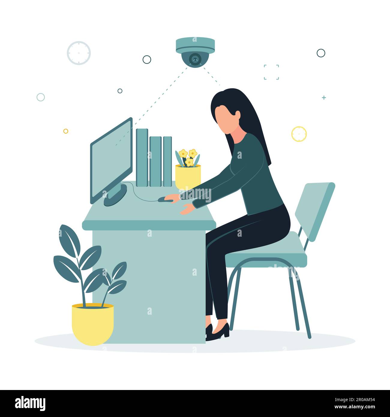 CCTV. Illustration vectorielle une caméra de surveillance photographie une femme assise à une table sur une chaise, travaillant à un ordinateur, à côté d'une chemise, un pot de fleurs Illustration de Vecteur