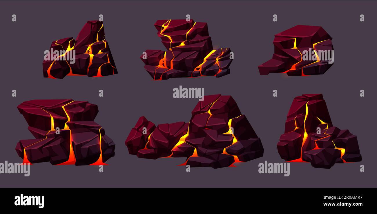 Texture de roche volcanique avec lave dans les fissures et les pierres cassées. Roches volcaniques avec effet de lumière dans les fissures et les ruptures de surface avec magma chaud, illustration de dessin animé vectoriel Illustration de Vecteur