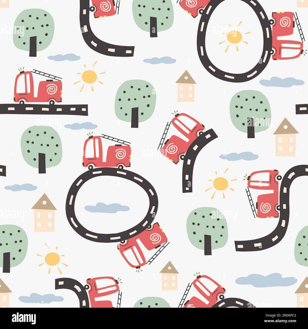 Joli motif sans coutures avec routes et transport. Illustration de dessin animé de style scandinave puéril dessiné à la main. Illustration de Vecteur