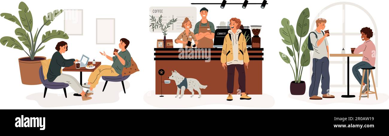 Les visiteurs du café-restaurant. Clients du restaurant. Des gens heureux dans le café. Amis assis à des tables et bavardant. Le barista professionnel prépare du cappuccino Illustration de Vecteur