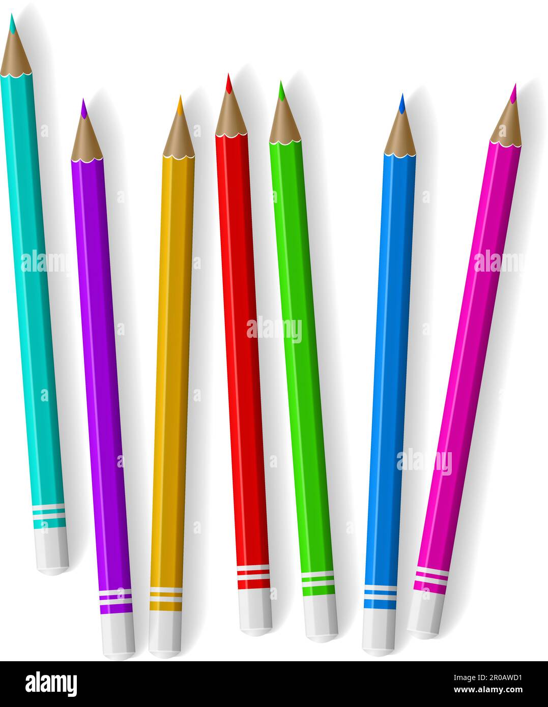 Un approvisionnement scolaire réaliste. Papeterie de bureau. Crayons en bois affûtés. Outils de dessin. Éducation de peintre d'enfants. Écriture de stylos graphite. Différent Illustration de Vecteur