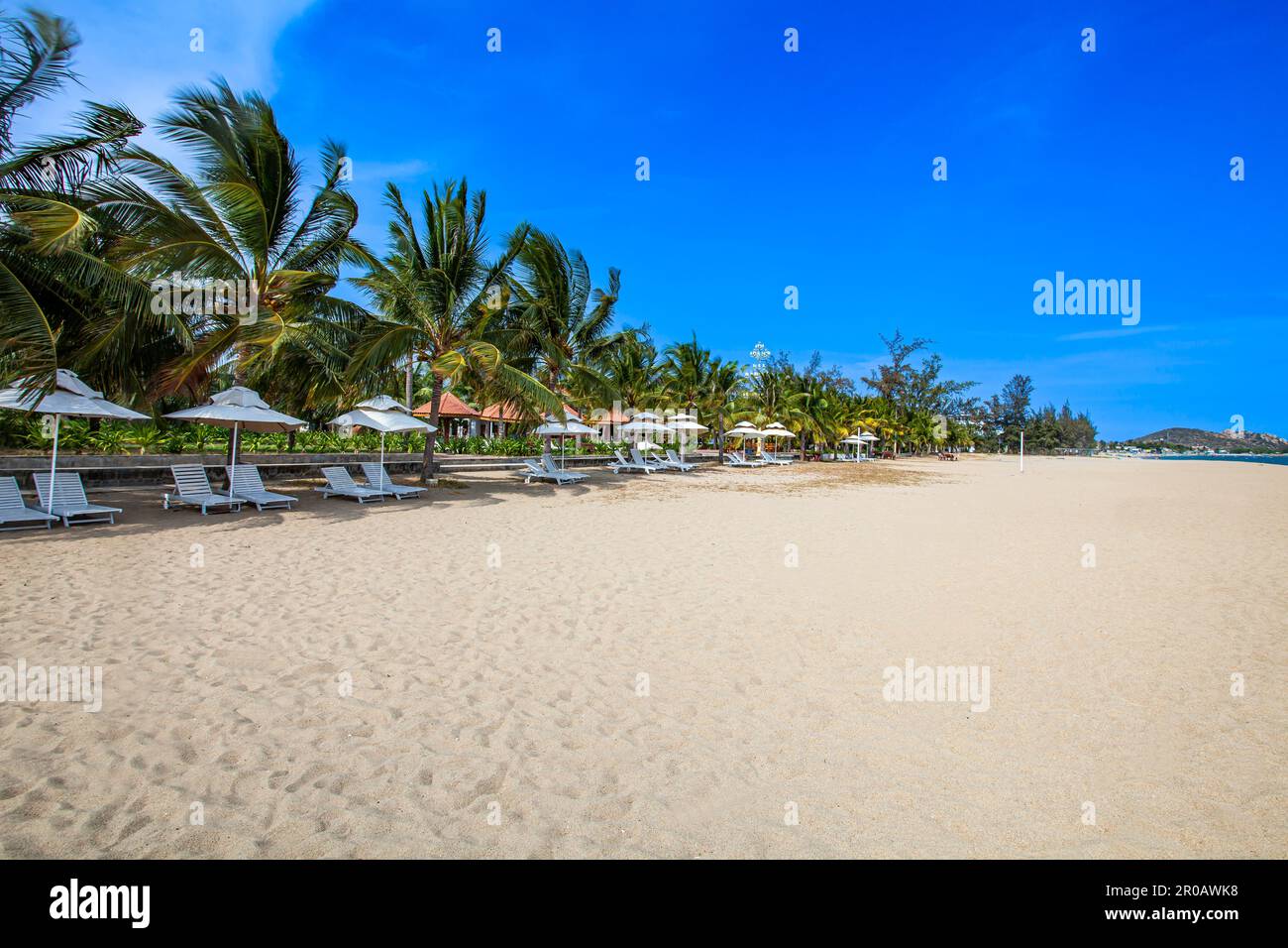 Plage avec parasols et chaises longues, Hôtel Saigon Ninh Chu Resort, Phan rang, Mer de Chine du Sud, province de Ninh Thuan, Phan rang, Vietnam, asie Banque D'Images