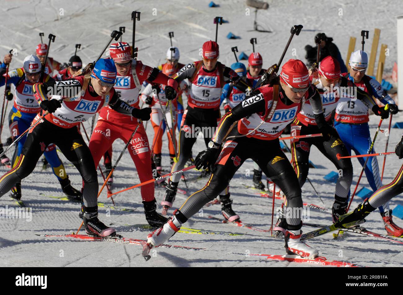 Martina GLAGOW (6) Liens et Andrea Henkel (3) Aktion zum Biathlon Massenstart der Frauen 16.3.2008 Banque D'Images