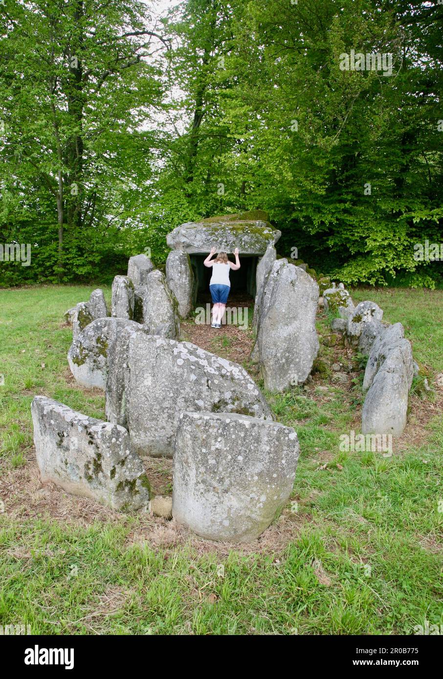 Une dame qui regarde les Mégaliths à Passais la conception, Domfront-en-Poiraie, Normandie, Nord-Ouest de la France, Europe Banque D'Images