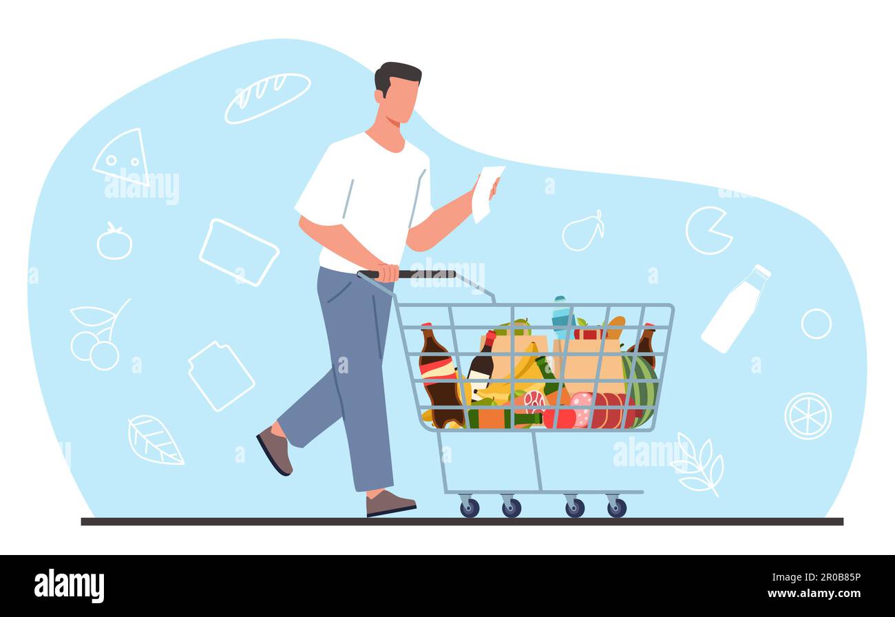 Jeune homme au supermarché avec une liste de courses et un chariot plein de provisions. Personnage masculin moderne avec chariot et liste, achetant de la nourriture dans le centre commercial, dessin animé plat Illustration de Vecteur
